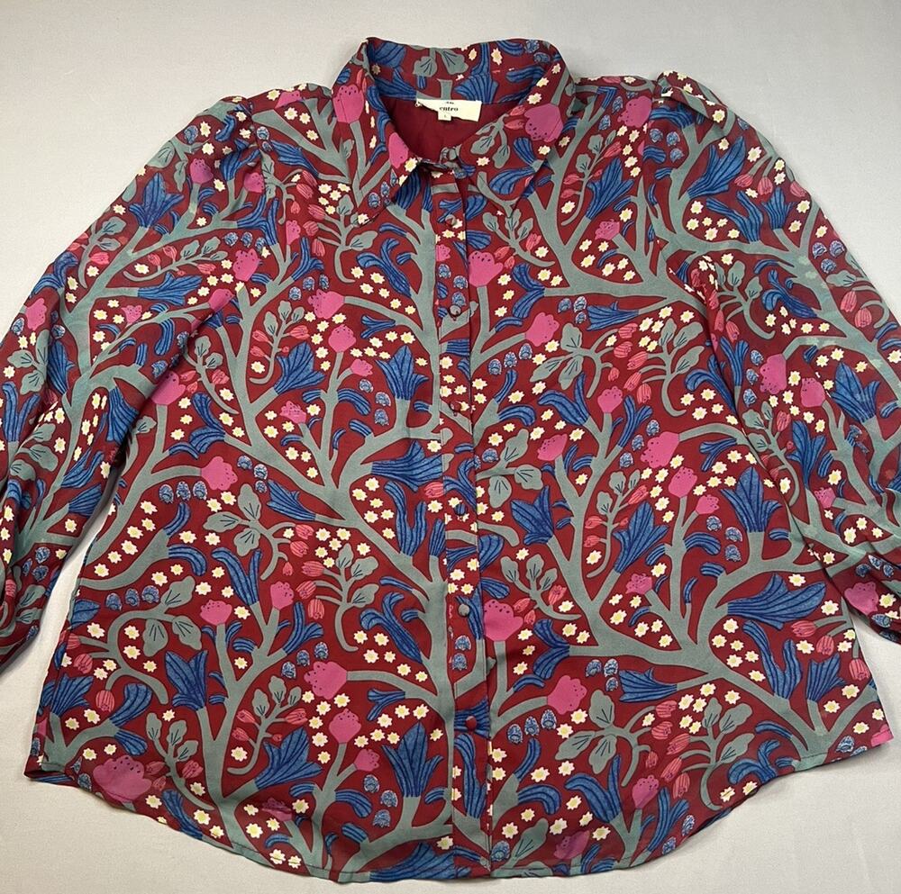 ENTRO Red Green Floral Long Sleeve Women’s Blouse Size Medium